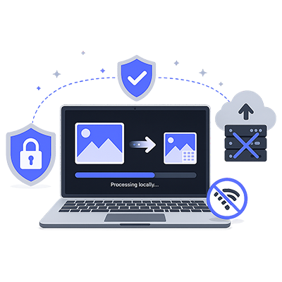 Illustration showing secure local image conversion on a laptop with zero server uploads and offline processing